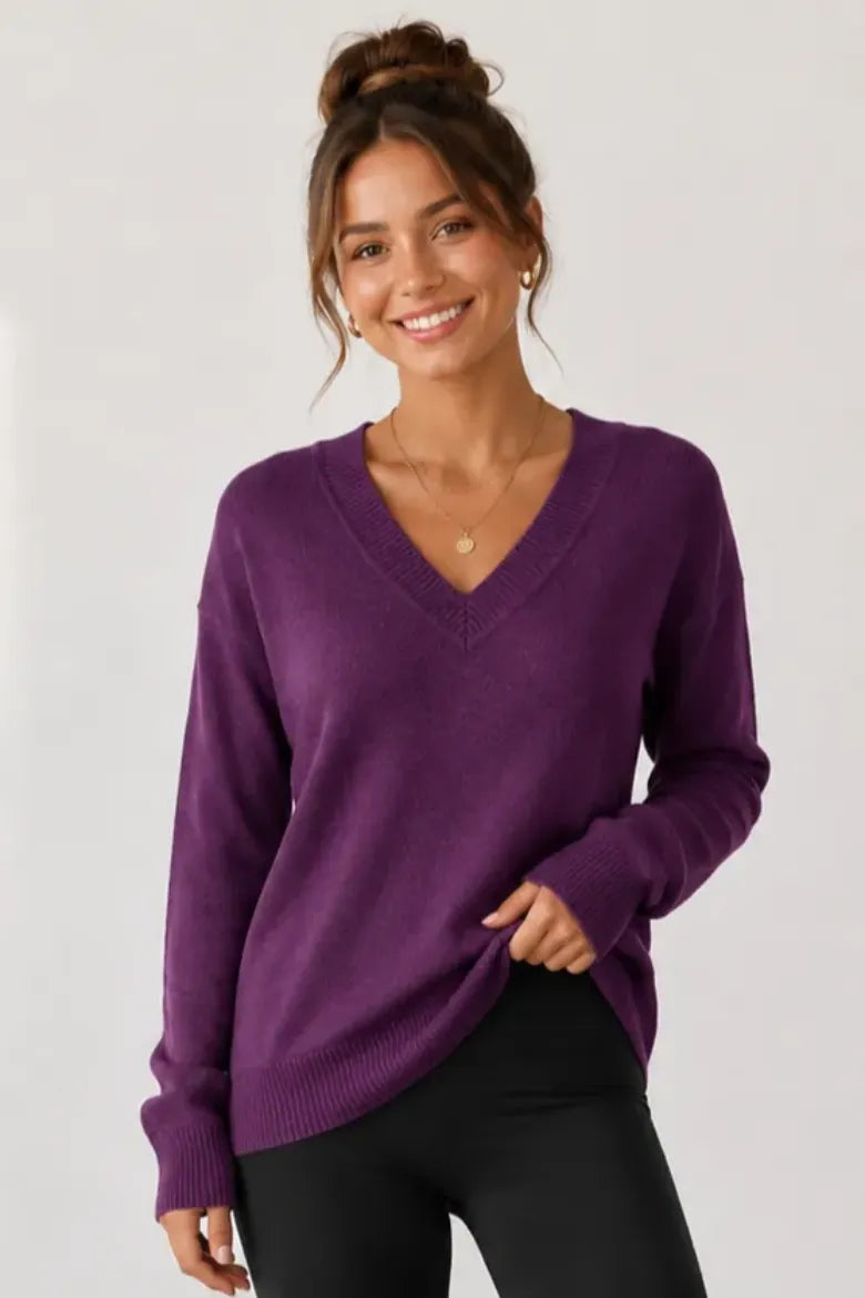 Pine Apparel Jersey Stitch V-Neck Sweater - Deep Plum