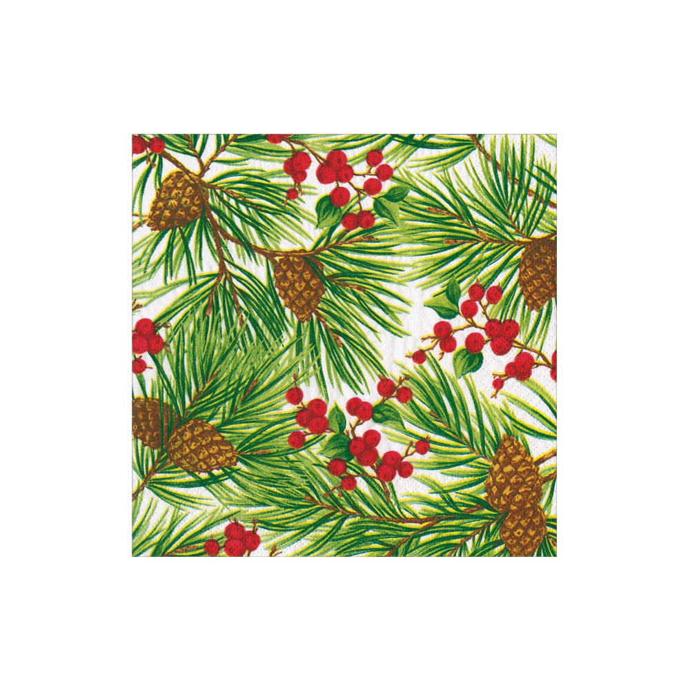 Caspari Cocktail Napkin - Evergreen and Berries
