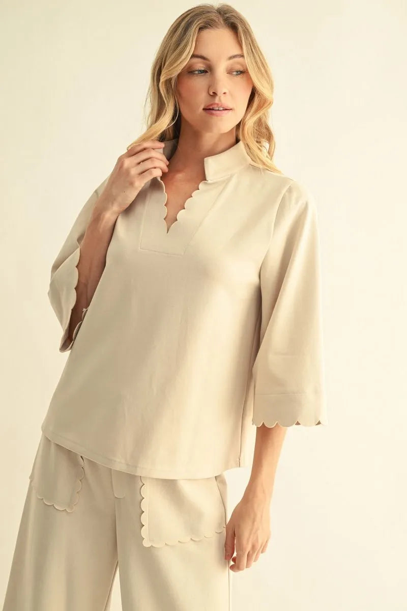 JODIFL-3/4 Sleeves Solid Top with scallop edge detail-Oatmeal