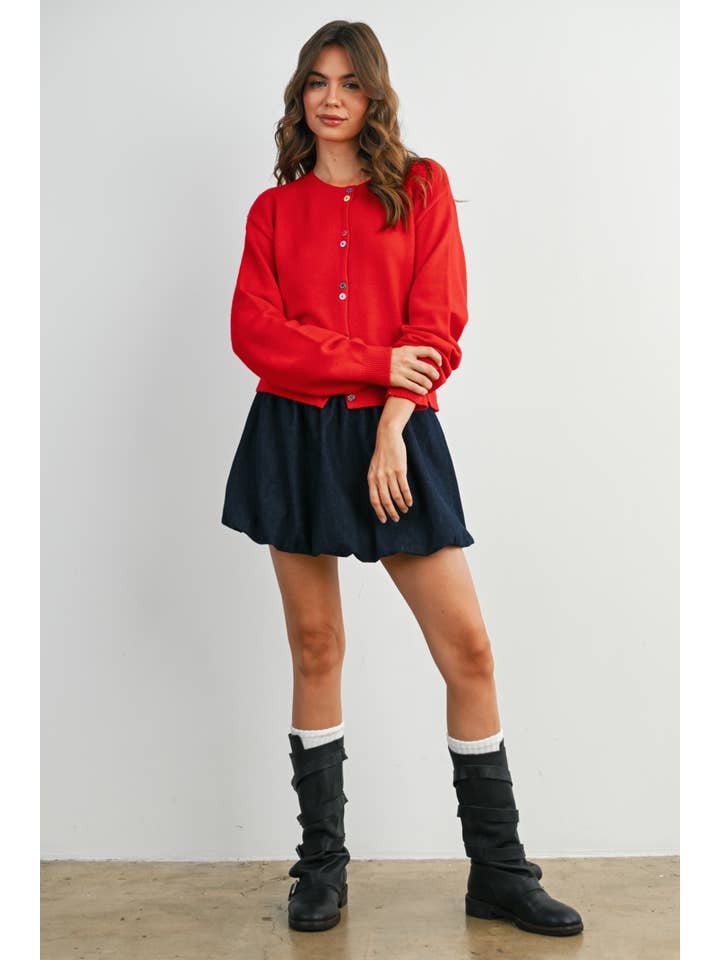 Long Sleeve Buttoned Cropped Cardigan - RED