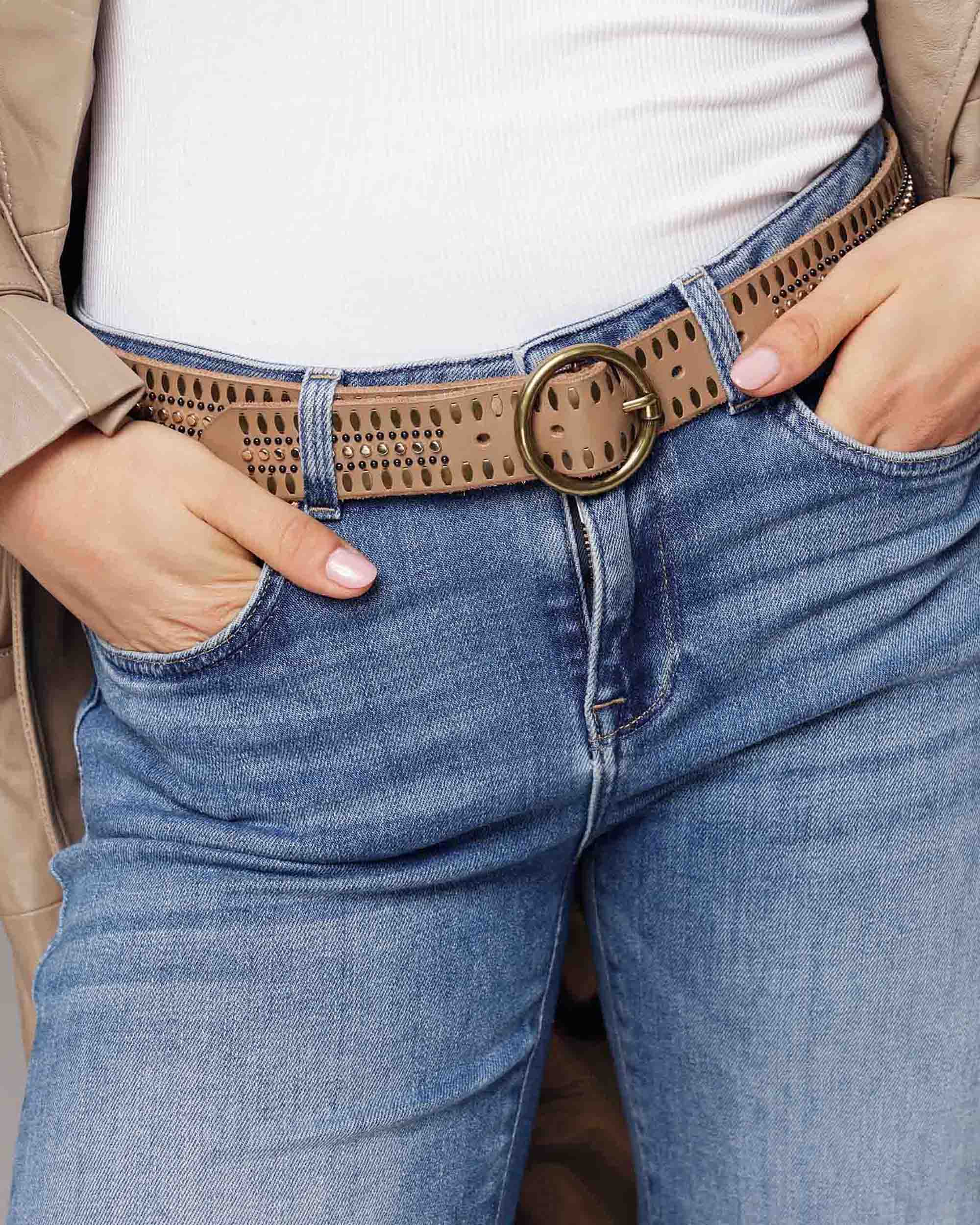 Soraya | Studded Leather Belt with Gold Round Buckle-Taupe