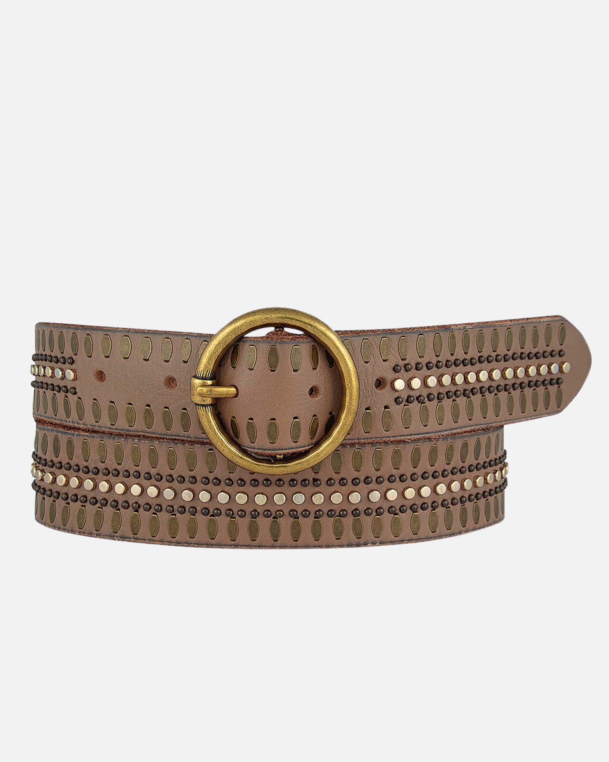 Soraya | Studded Leather Belt with Gold Round Buckle-Taupe