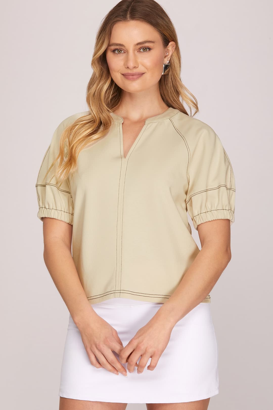 SHORT SLEEVE KNIT STITCHING DETAIL TOP-Ecru