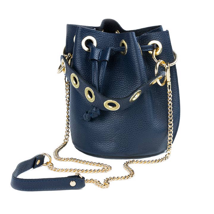 GENUINE LEATHER & COWHIDE PATTERNS BUCKET BAG - NAVY