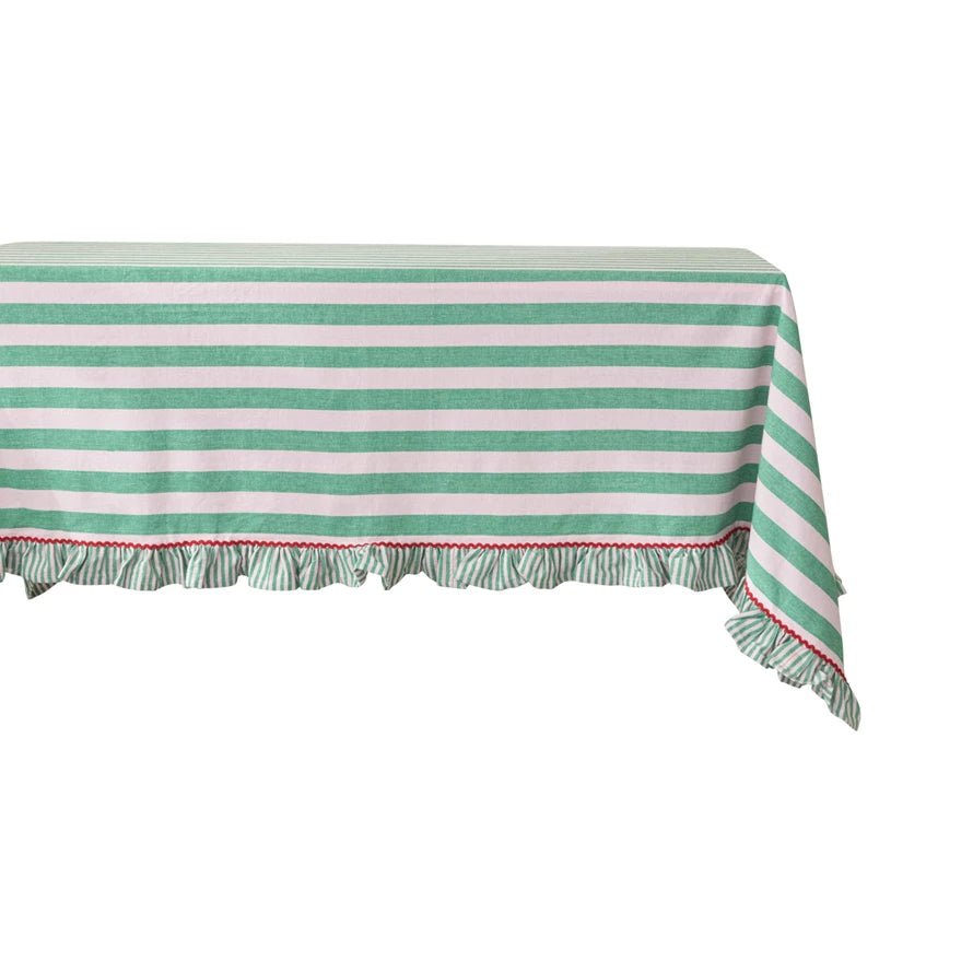 84"Lx60"W Woven Cotton Striped Tablecloth w/ Ruffle & Ric Rac Trim - From Me To You