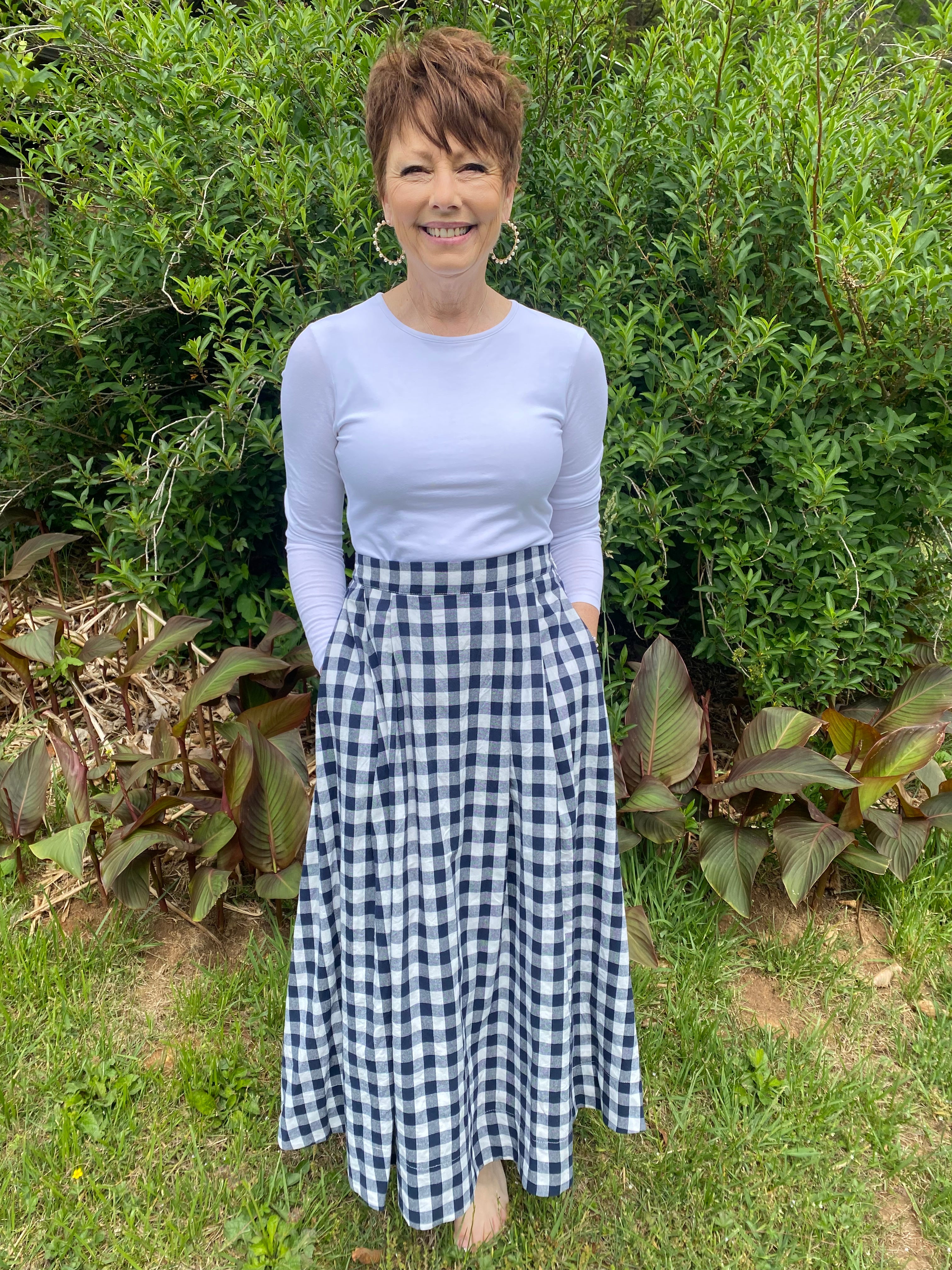 She + Sky Woven Gingham Checked Midi Skirt-Navy