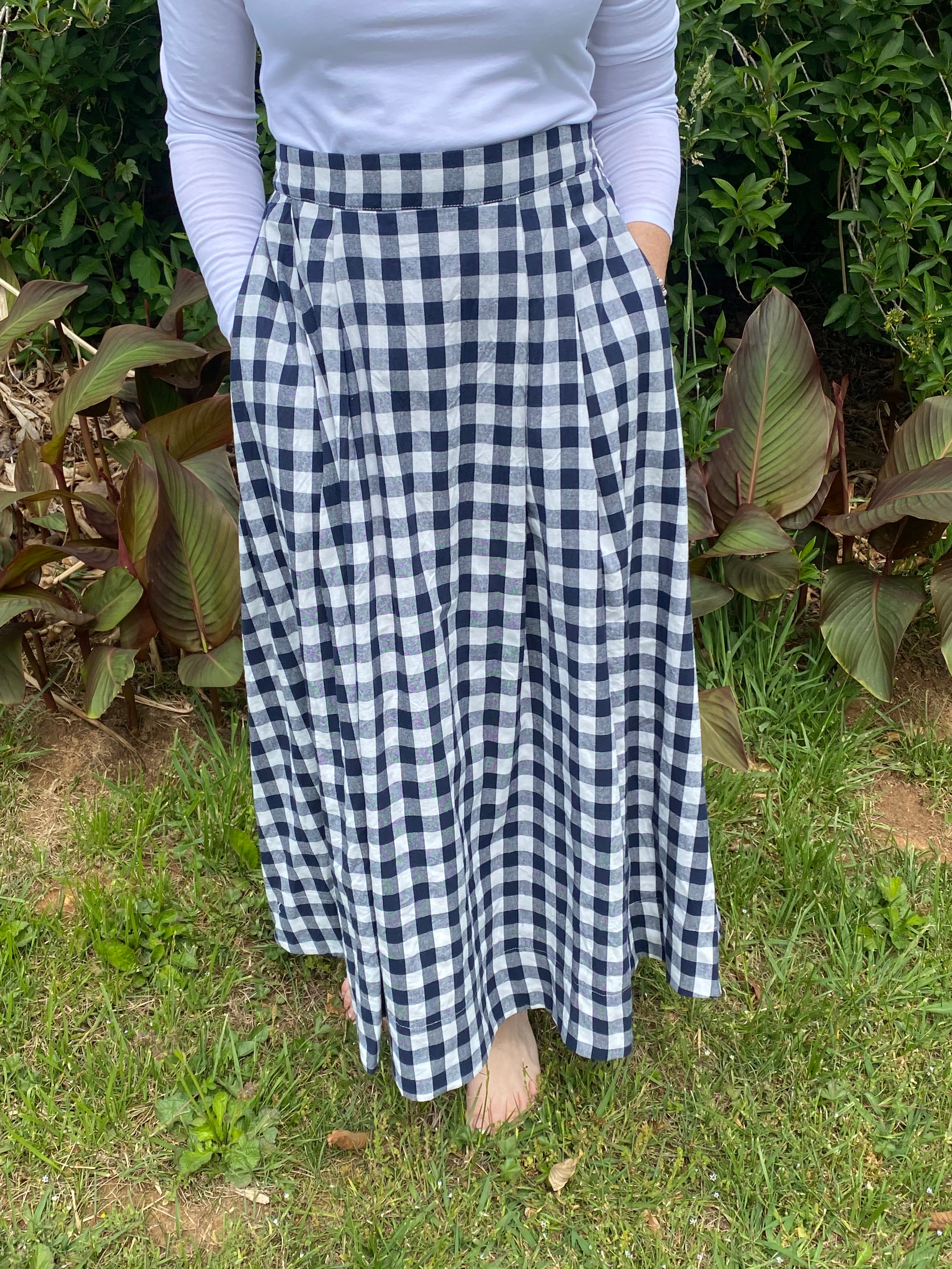 She + Sky Woven Gingham Checked Midi Skirt-Navy