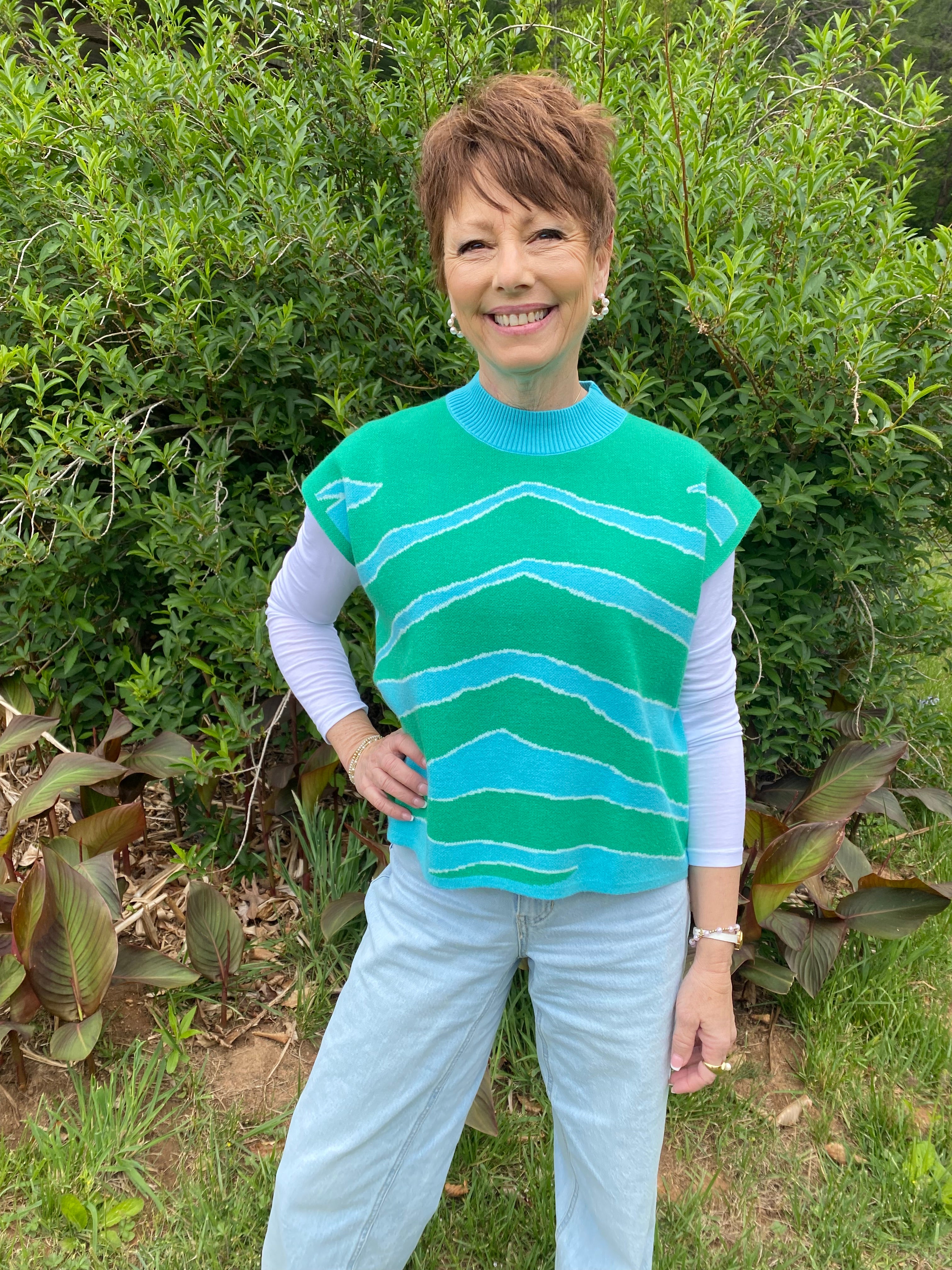 Entro-Striped cap sleeve top-Green