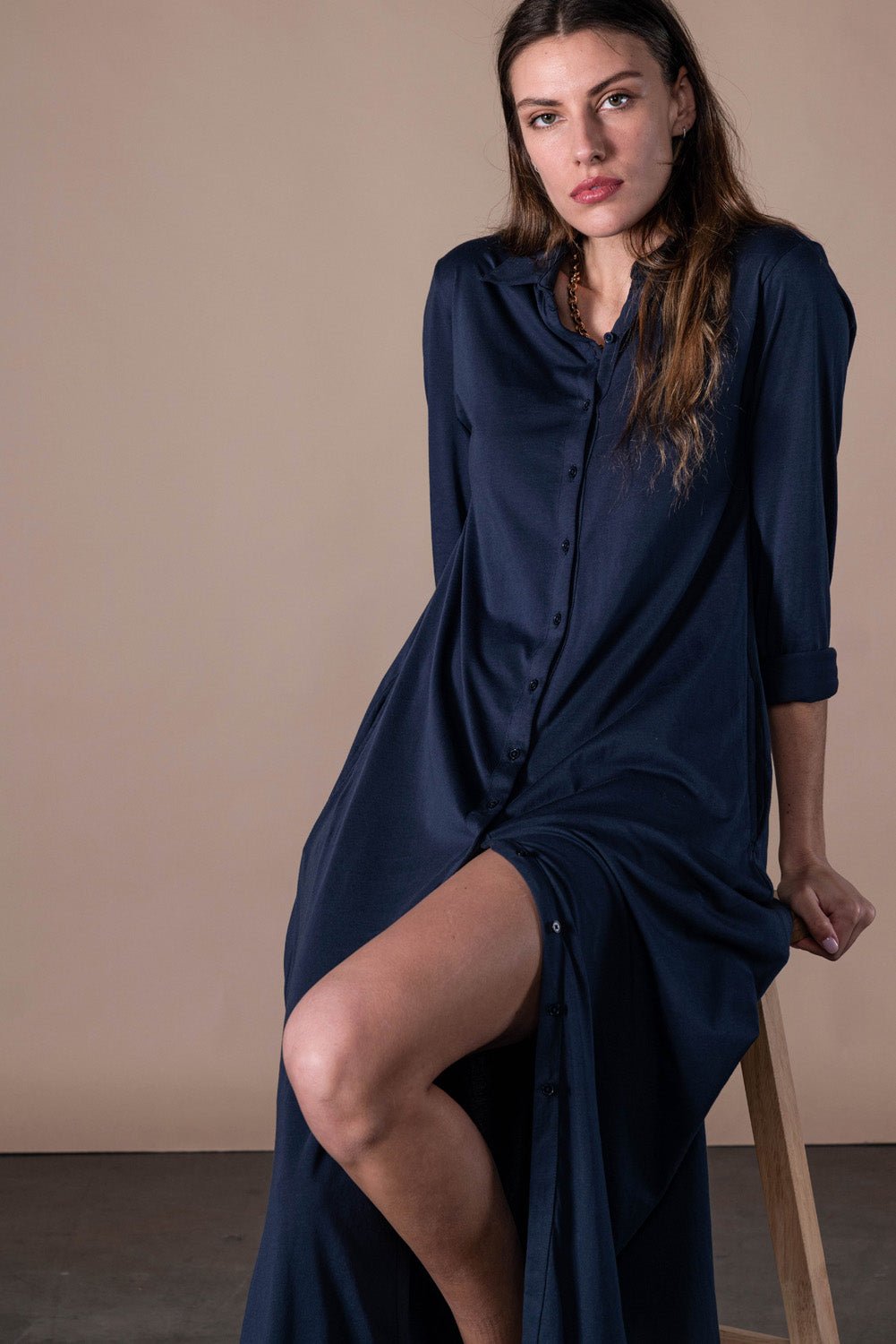 Anonyme - Viscose Stretch Long Shirt Dress - Navy - From Me To You