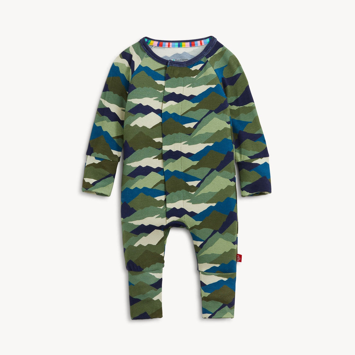 Magnetic Me Camo Peak Modal Convertible Coverall, a baby one-piece with green and blue mountain camouflage pattern.
