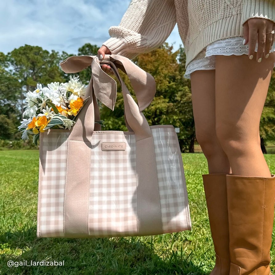 Case - Mate Jelly Tote w/ Phone Pouch - Latte Gingham Bow - From Me To You