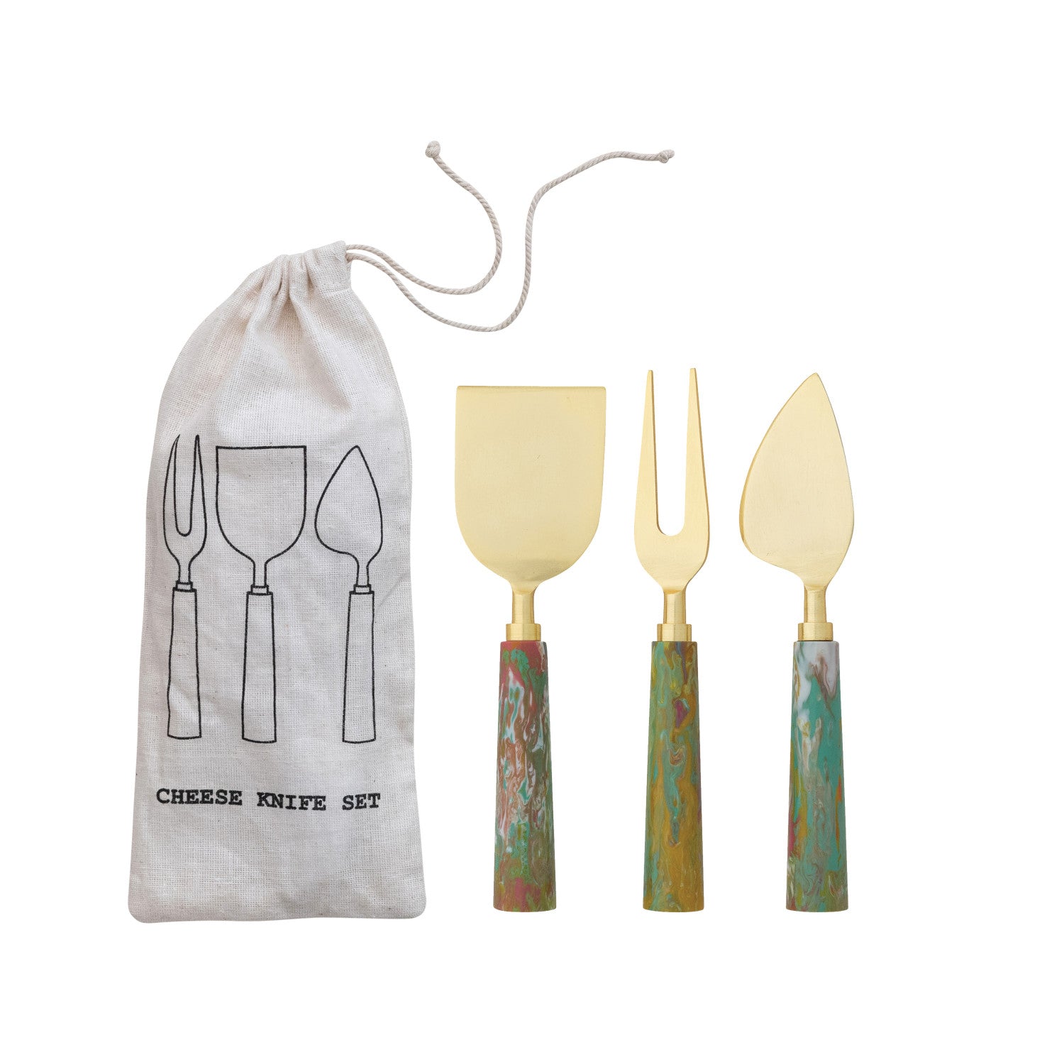 Cheese Knives w/ Marbled Resin Handles, Set of 3 in Drawstring Bag (Each One Will Vary) - From Me To You