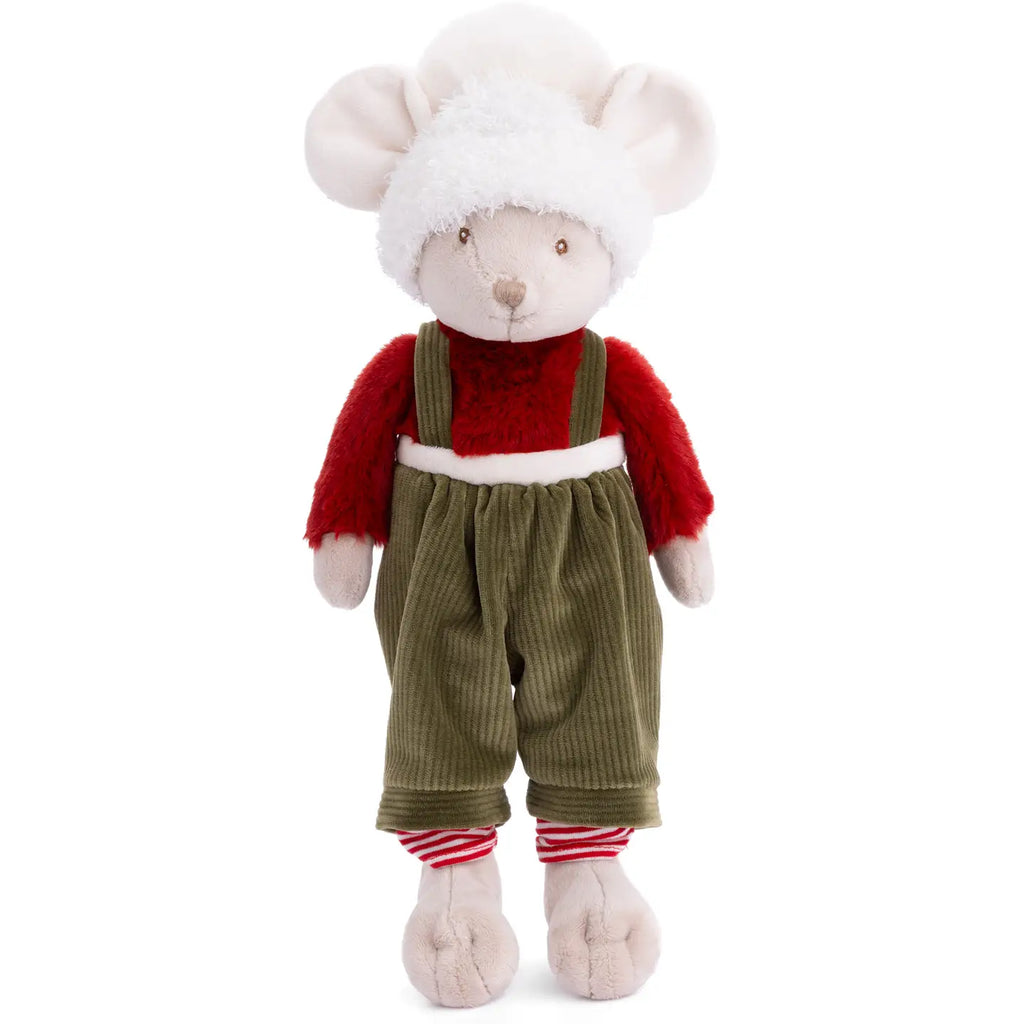 Christmas Henry - Green Bukowski Bear plush mouse in white fluffy hat, red shirt, and green corduroy overalls.