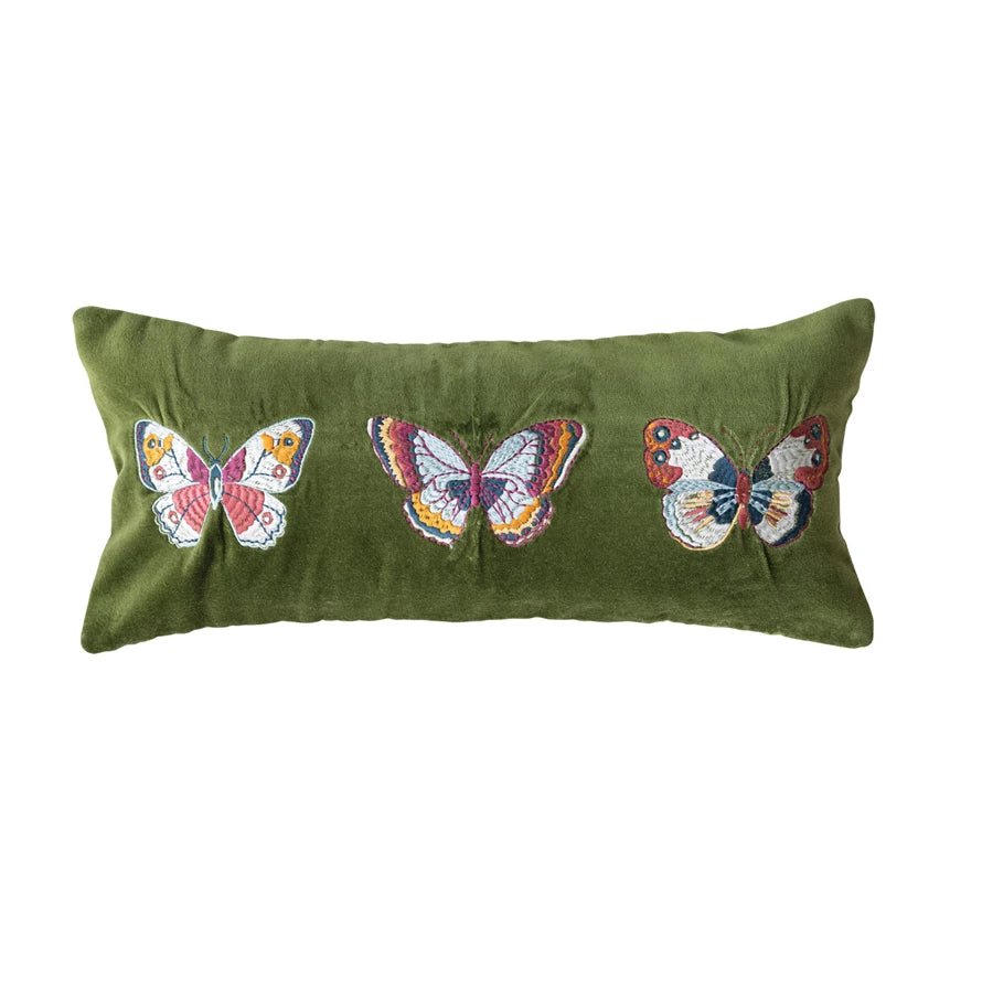 Cotton Velvet Lumbar Pillow with Embroidered Butterflies & Chambray Back - From Me To You