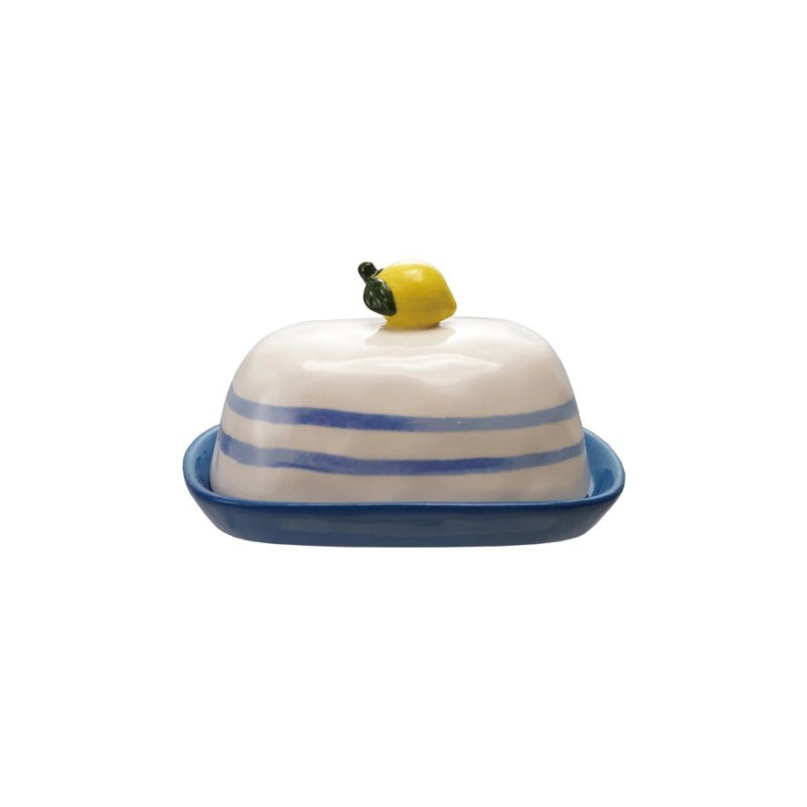 Creative Co - op Hand - Painted Stoneware Butter Dish with Finial & Stripes - From Me To You