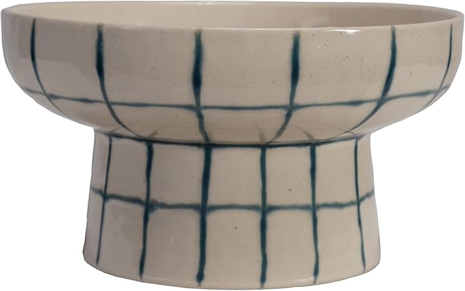 Creative Co - op Stoneware Pedestal Bowl with Grid Pattern, Cream Color - From Me To You