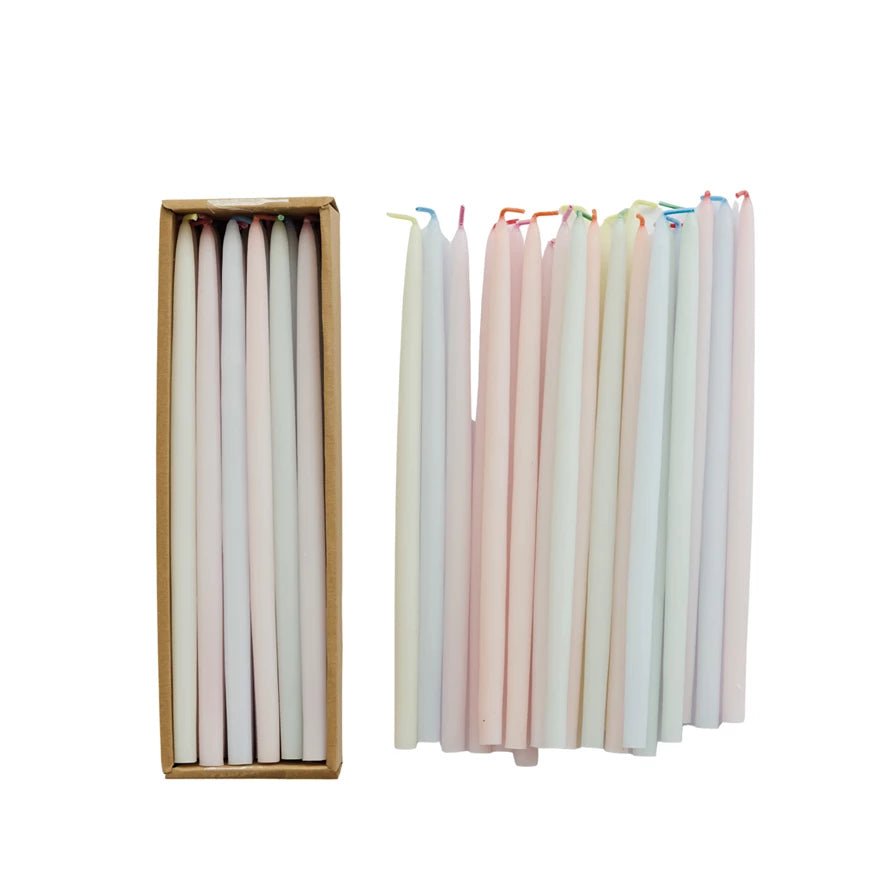 Creative Co - op Unscented Thin Taper Candles with Multi Color Wick in Box, Pastel Multi Color, Set of 24 - From Me To You