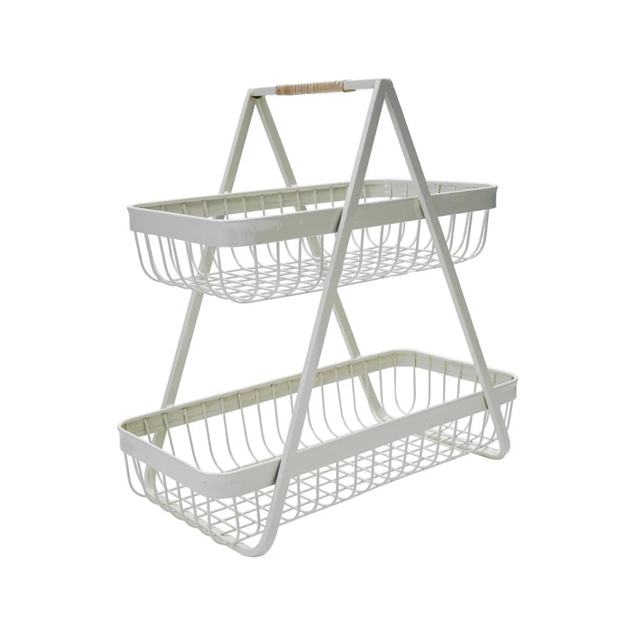 Decorative Metal 2 - Tier Tray with Rattan Wrapped Handle, White - From Me To You