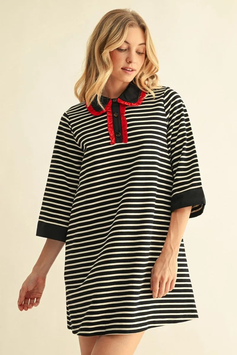 JODIFL-3/4 sleeves stripe shift dress-Red/Black