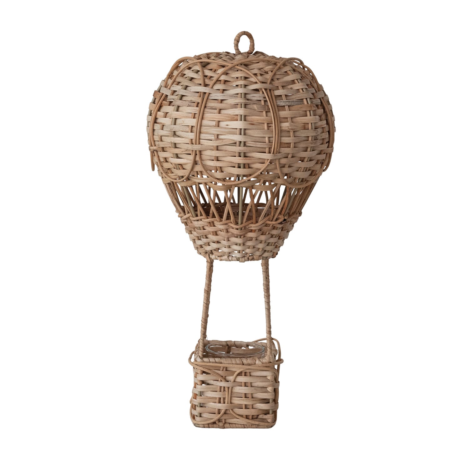 Creative Co-op Hand-Woven Rattan Hot Air Balloon Tealight Holder/Vase with Glass Insert, Natural
