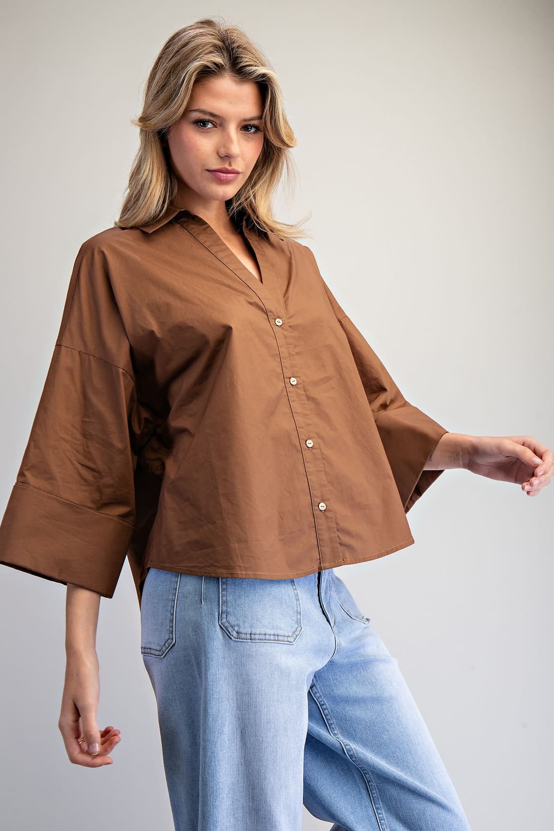 ee:some - Back Pleat Button Down Blouse - Mocha Brown - From Me To You