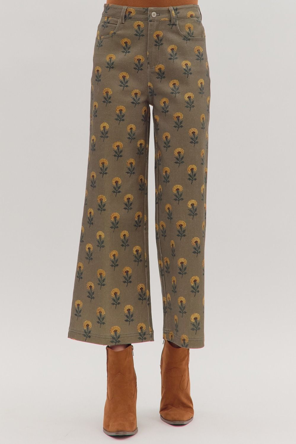 Entro - Botanical print wide - leg pants - Olive - From Me To You