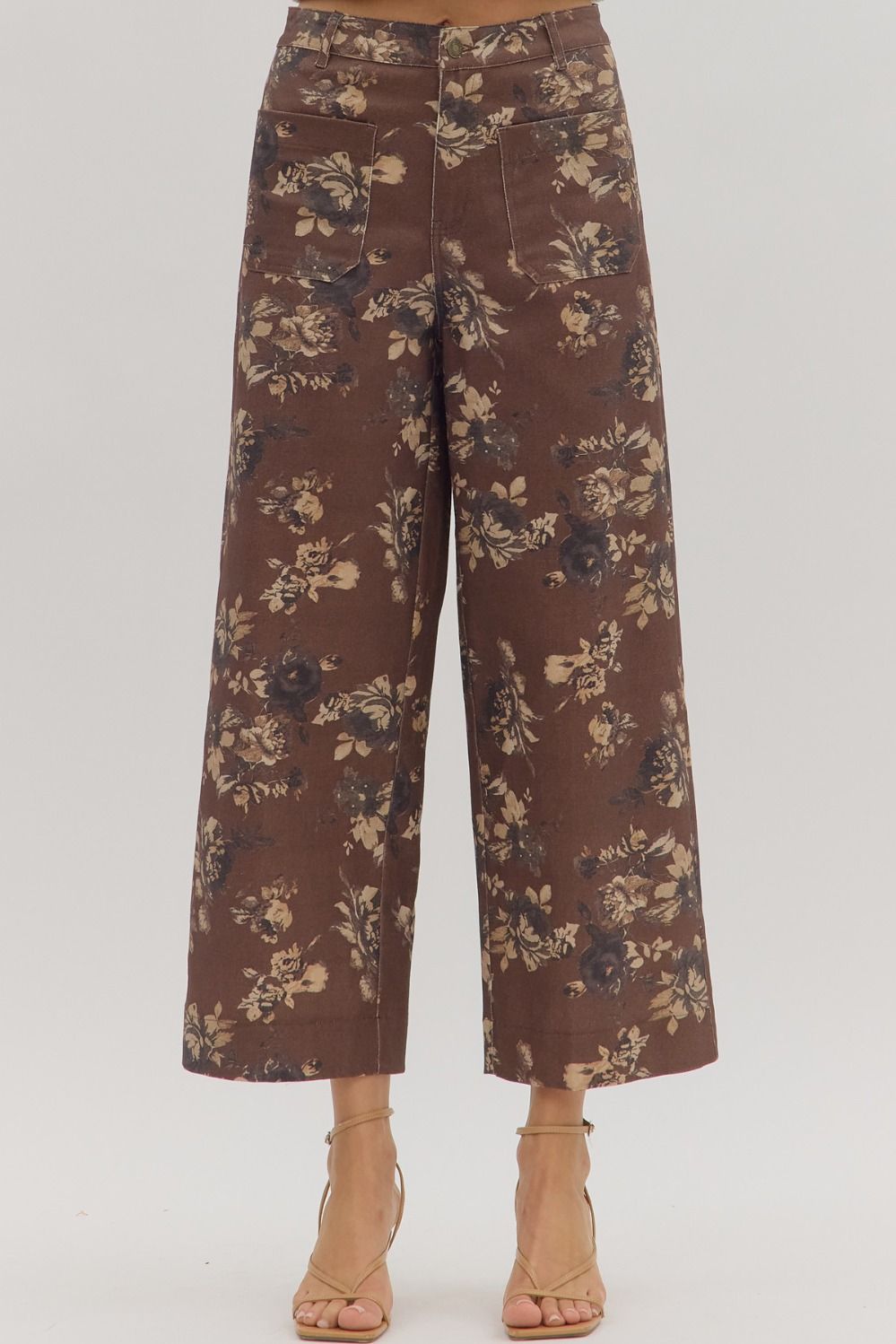 Entro - Floral pattern mid - rise ankle - length pants - Brown - From Me To You