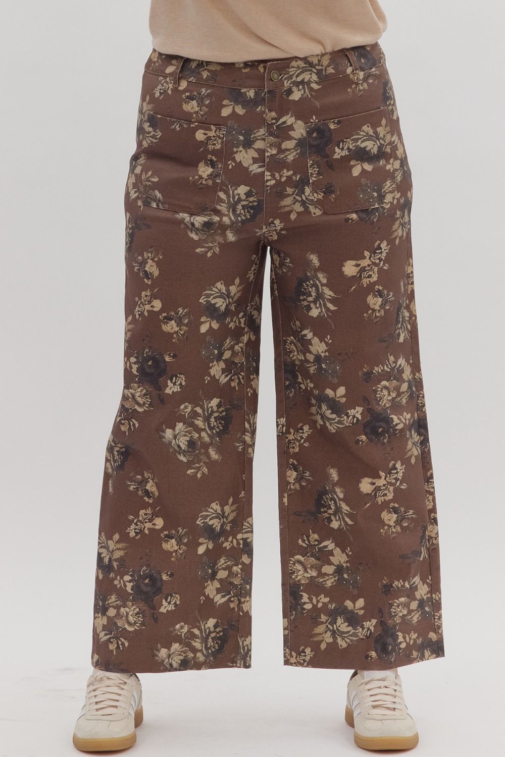 Entro - Floral pattern mid - rise ankle - length pants - Brown - Plus Size - From Me To You