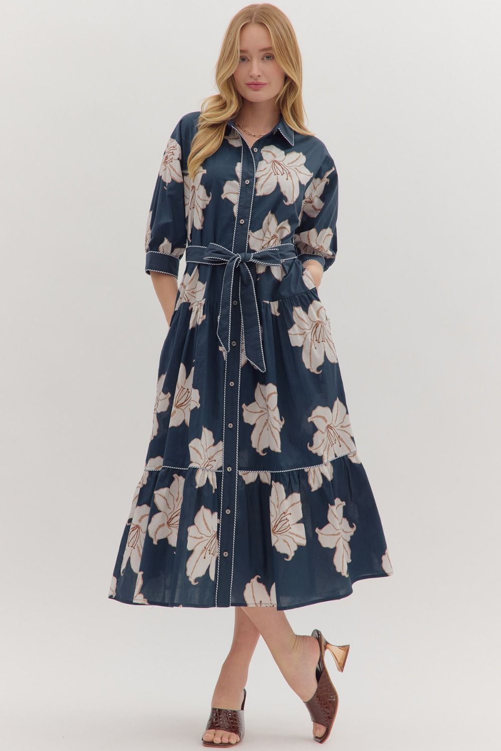 Entro - Floral print 3/4 sleeve midi dress D28213 - Navy - From Me To You