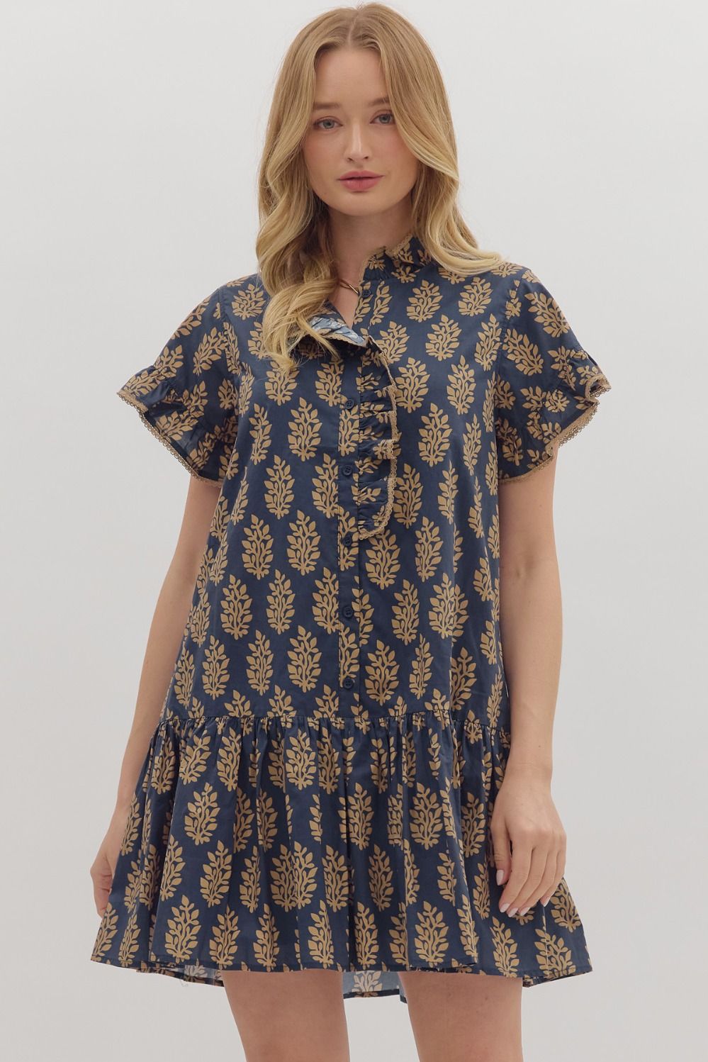 Entro - Navy Botanical Print Mini Dress - From Me To You