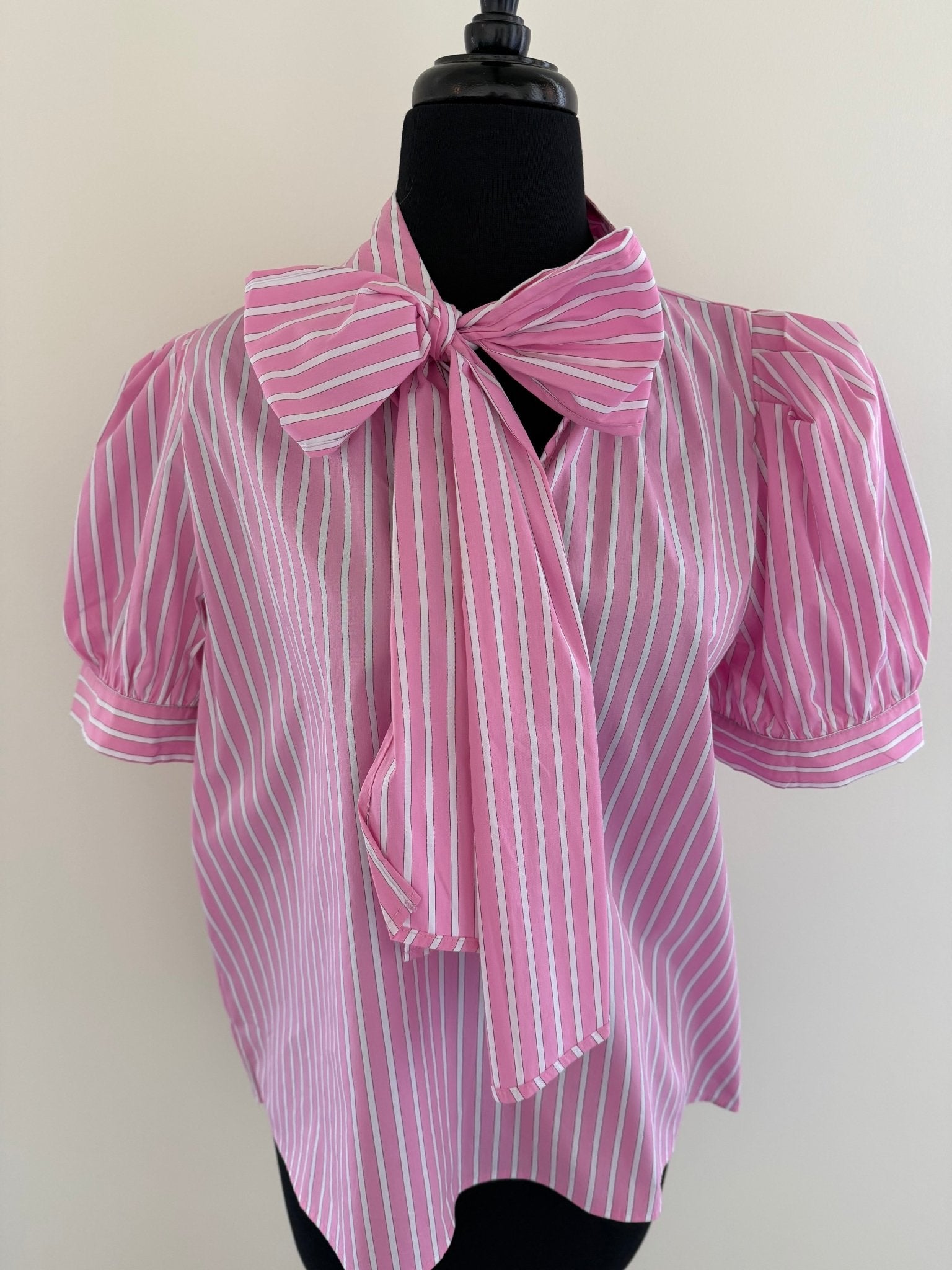 Entro - Pink & White Stripe Short Sleeve top w/ Tie at neck - From Me To You