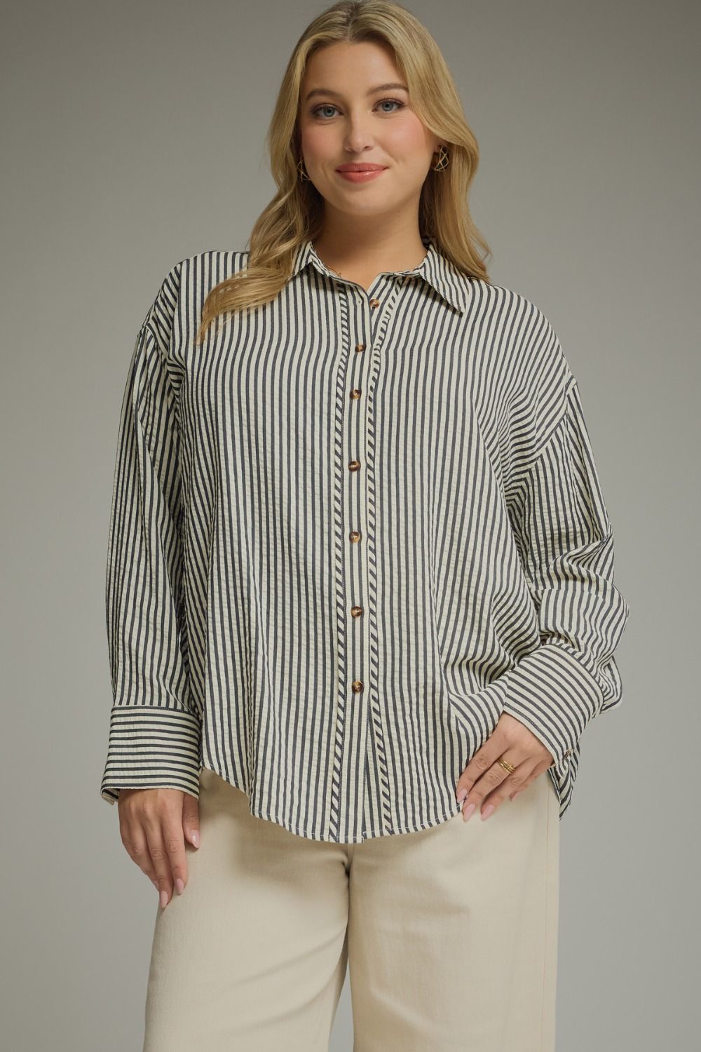 Entro-Plus Size-Striped long sleeve button-down top-Navy - From Me To You