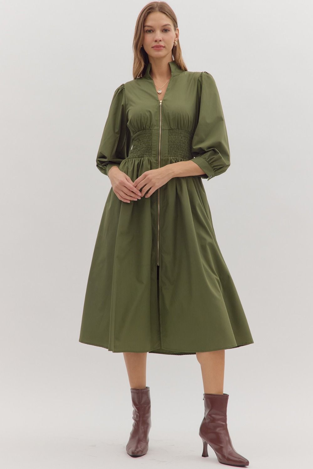 Entro - Smocked Waist Puff Sleeve Midi Dress - Olive - From Me To You