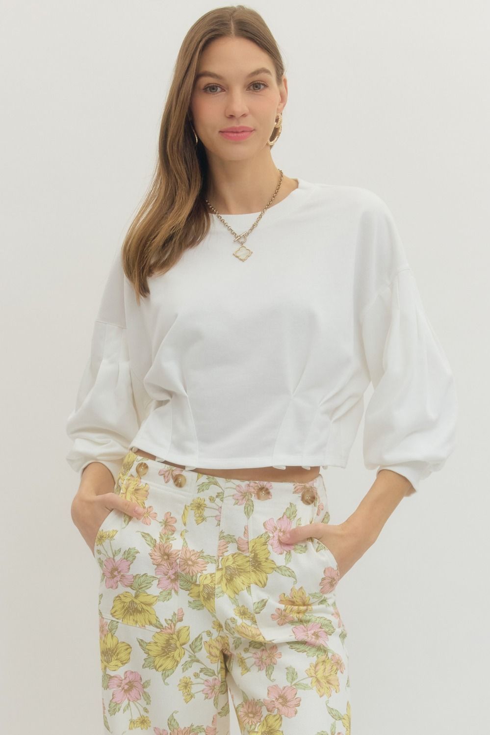 Entro - Solid 3/4 balloon sleeve crop top - Off White - From Me To You