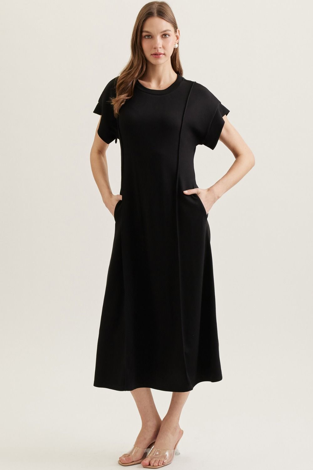 Entro - Solid Black Short Sleeve Midi Dress - Black - From Me To You