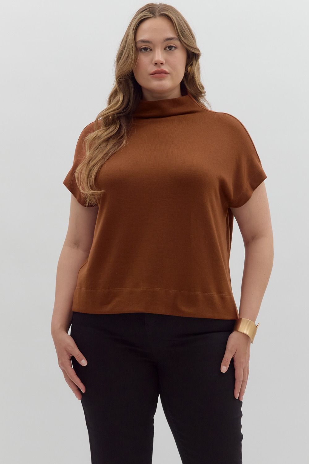 Entro- Solid knit mock neck pullover top-Rust-Plus Sizes From Me