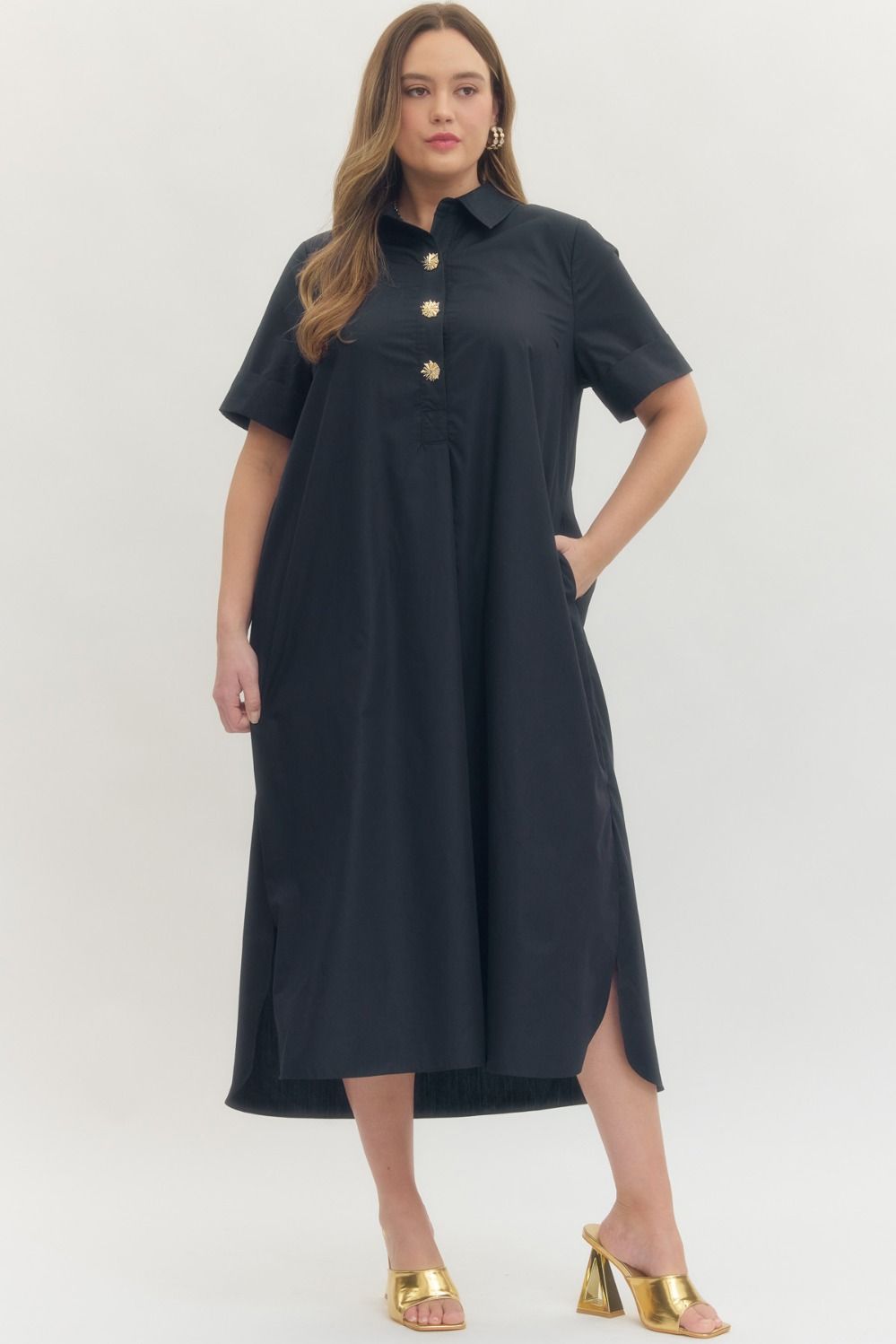 Entro - Solid Navy Short Sleeve Midi Dress - From Me To You