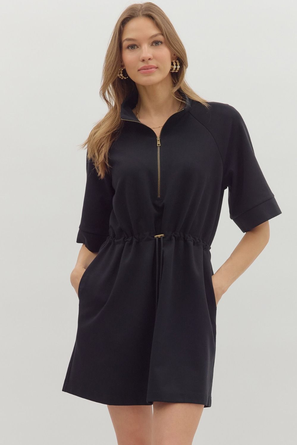 Entro - Solid short sleeve zip - front high neck mini dress - Black - From Me To You