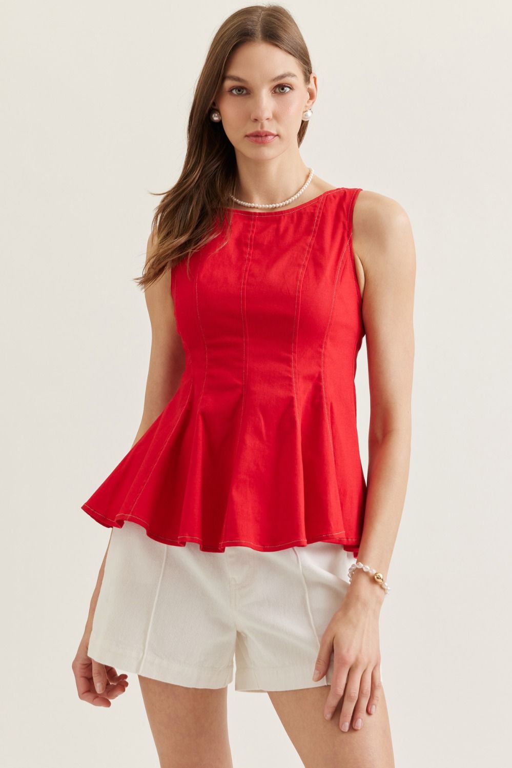 Entro - Solid sleeveless peplum top - Red - From Me To You