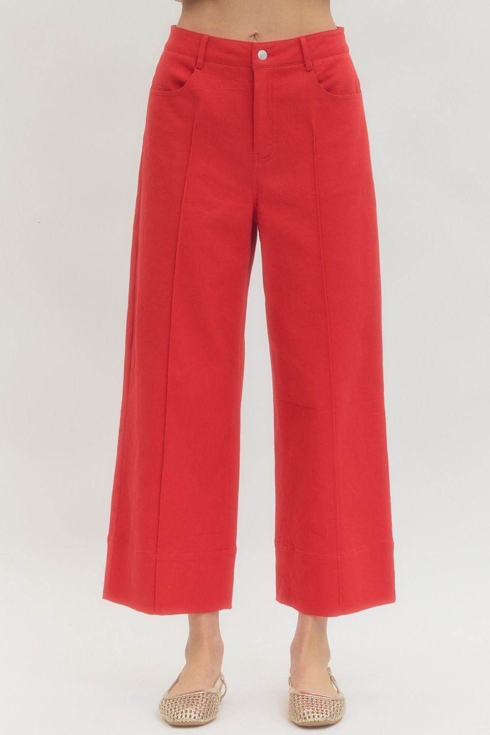 Entro - Solid wide leg pants featuring front pintuck detail - Red - From Me To You