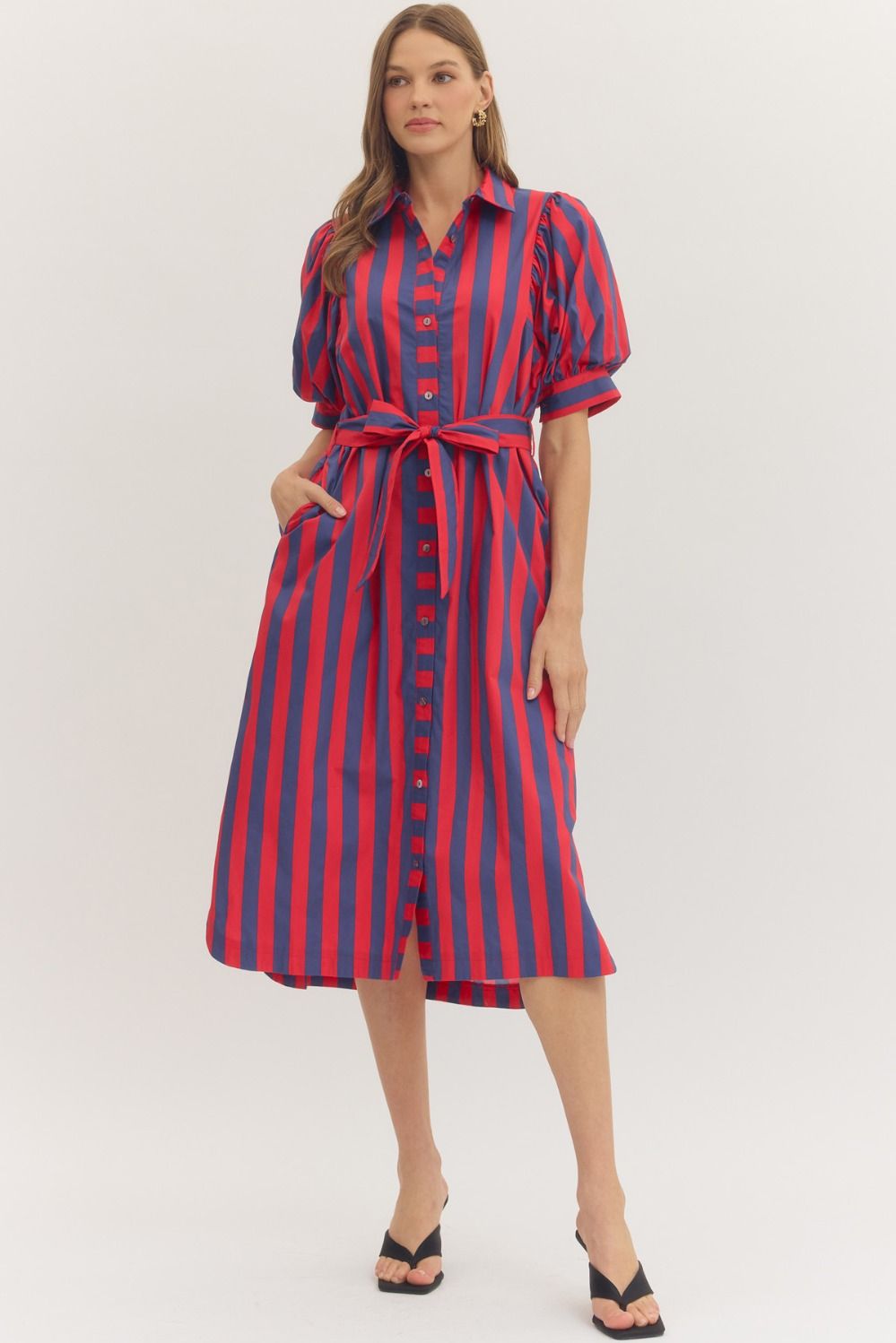 Entro - Striped short puff sleeve midi dress - Red - From Me To You