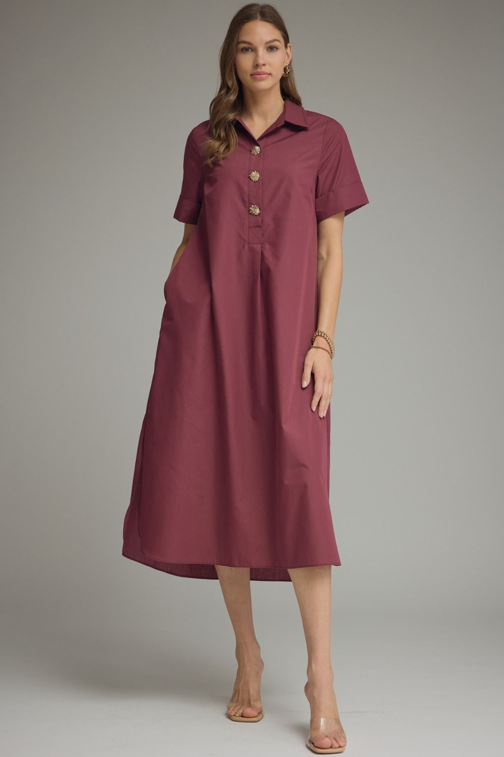 Entro-Solid Wine Short Sleeve Midi Dress