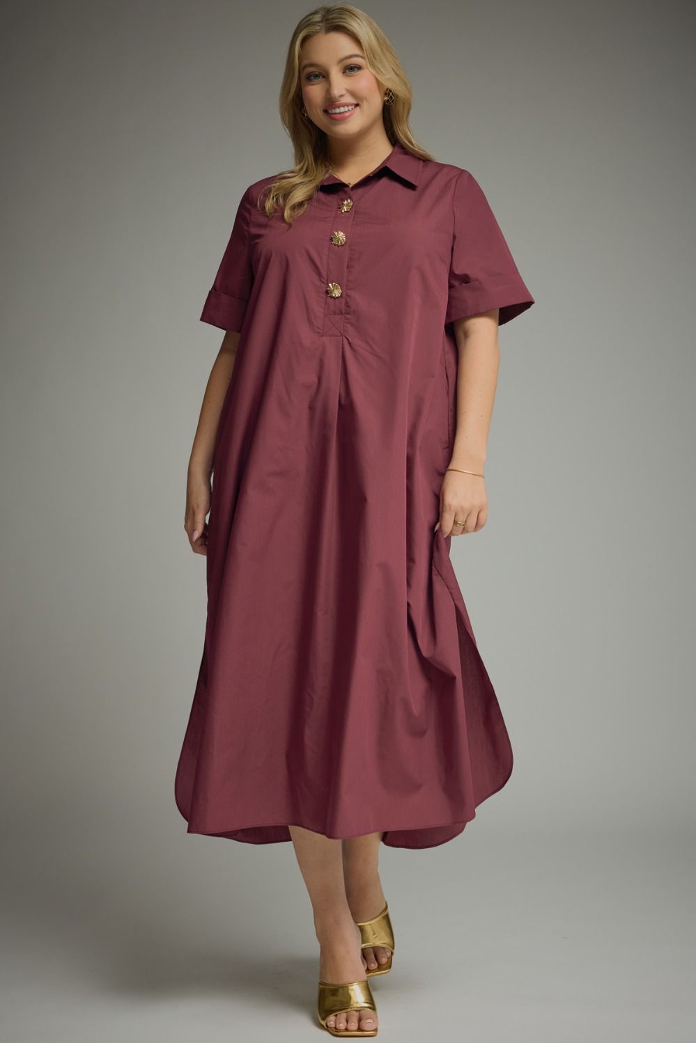 Entro-PLUS SIZE-Solid Wine Short Sleeve Midi Dress