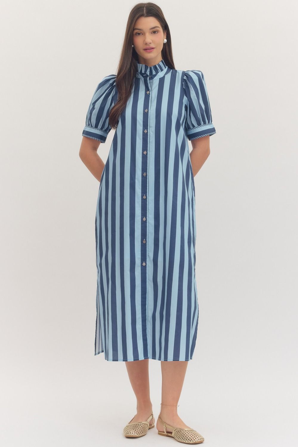 Entro-Stripe print short puff sleeve midi dress PLUS SIZE-Navy