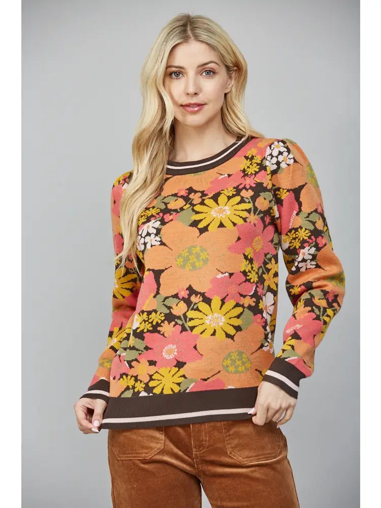Fate Chocolate Brown Floral Pattern Jacquard Knit Puff Sleeve Sweater - From Me To You