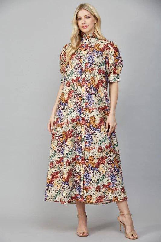 Fate - Floral Print Cotton Poplin Ruffled Stand Collar Midi Dress - From Me To You