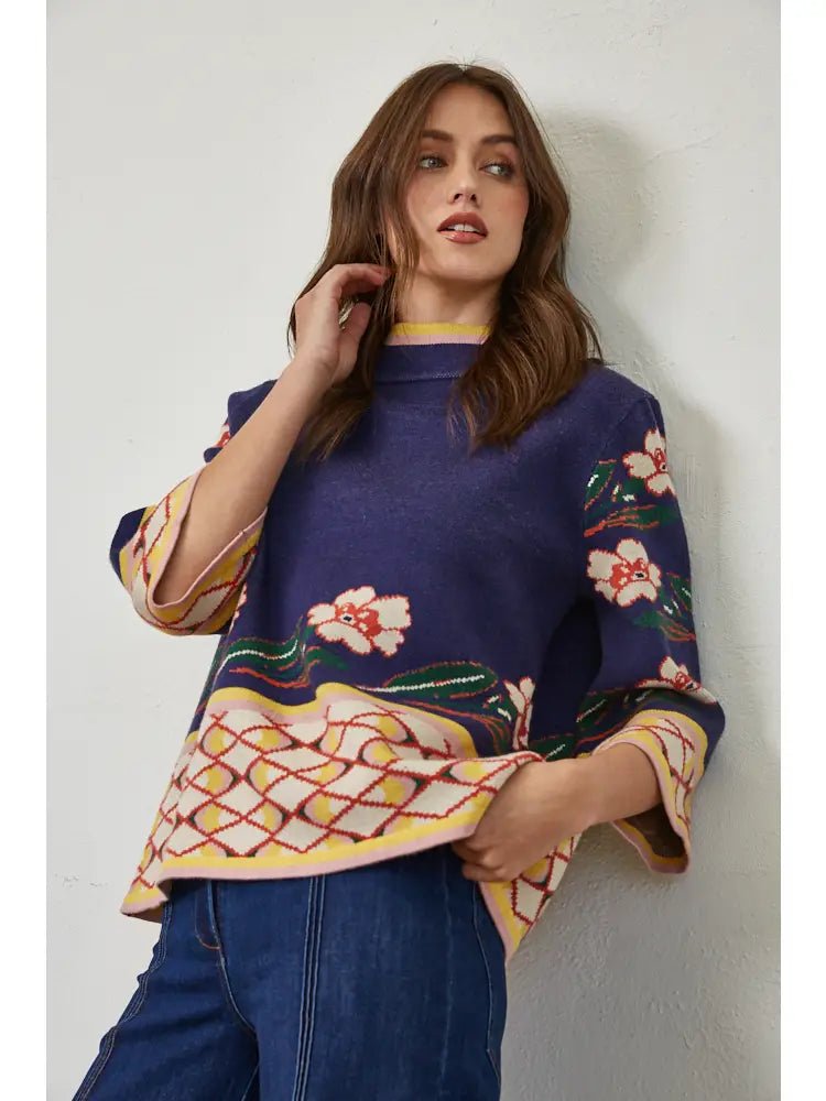 Fate - Navy Patterned Jacquard Knit Mock Neck Sweater - From Me To You