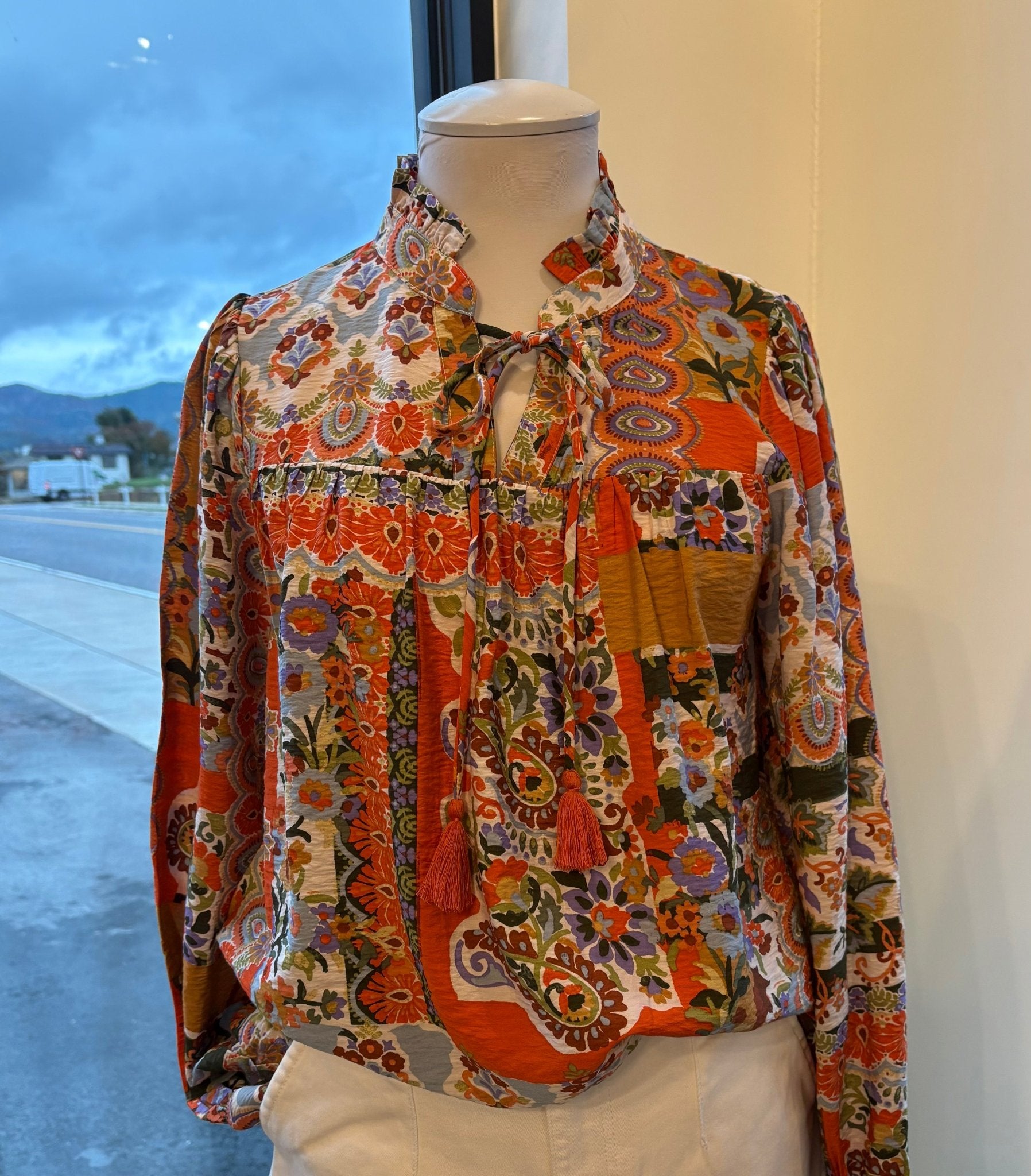 Fate - PATCHWORK PRINT RUFFLED COLLAR TOP - Orange Multi - From Me To You