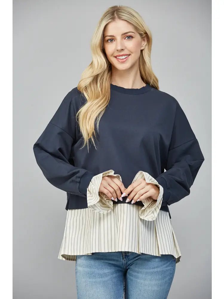 Fate - Stripe Shirt Twofer Sweatshirt in Navy - From Me To You