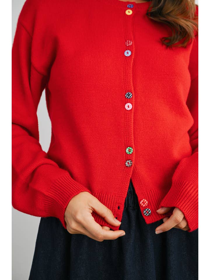 Long Sleeve Buttoned Cropped Cardigan - RED